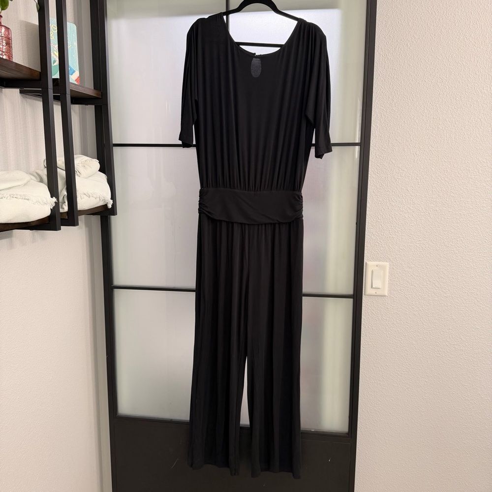 Soft Surroundings Black Modal Jumpsuit M Ruched Waist Wide Leg Keyhole Back - Picture 4 of 10